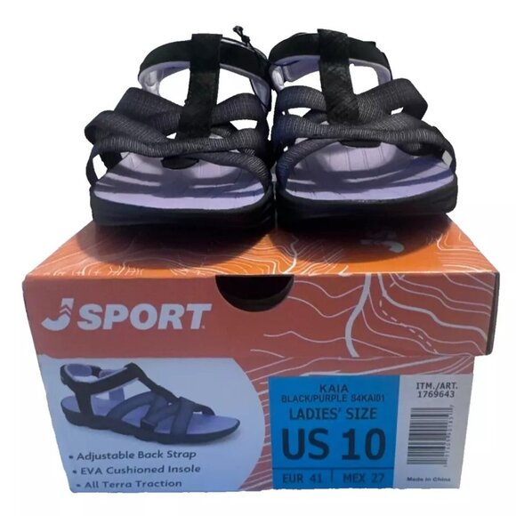 Women's Sandals Size 10 Black and Purple JSport KAIA Adjustable Strap Shoe Comfy - Picture 2 of 6